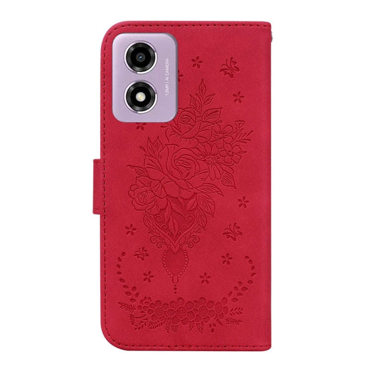 For Motorola Moto G04s / Moto E14 Butterfly Rose Embossed Leather Phone Case(Red)