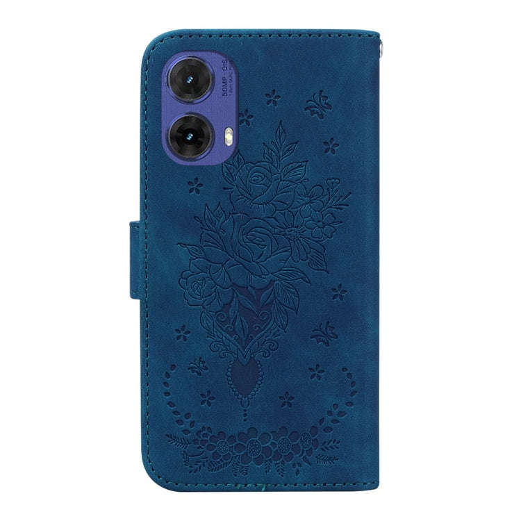 For Motorola Moto G85 Butterfly Rose Embossed Leather Phone Case(Blue)