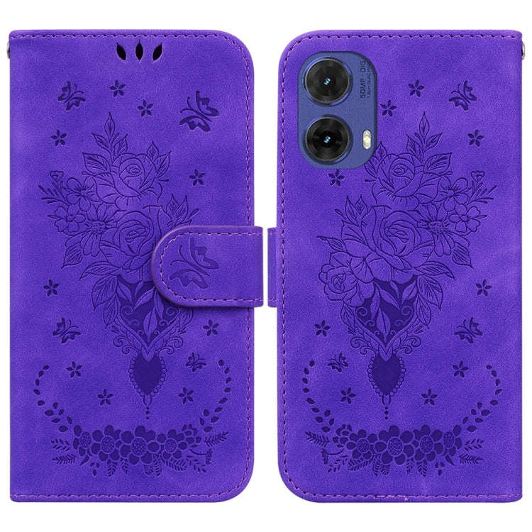For Motorola Moto G85 Butterfly Rose Embossed Leather Phone Case(Purple)