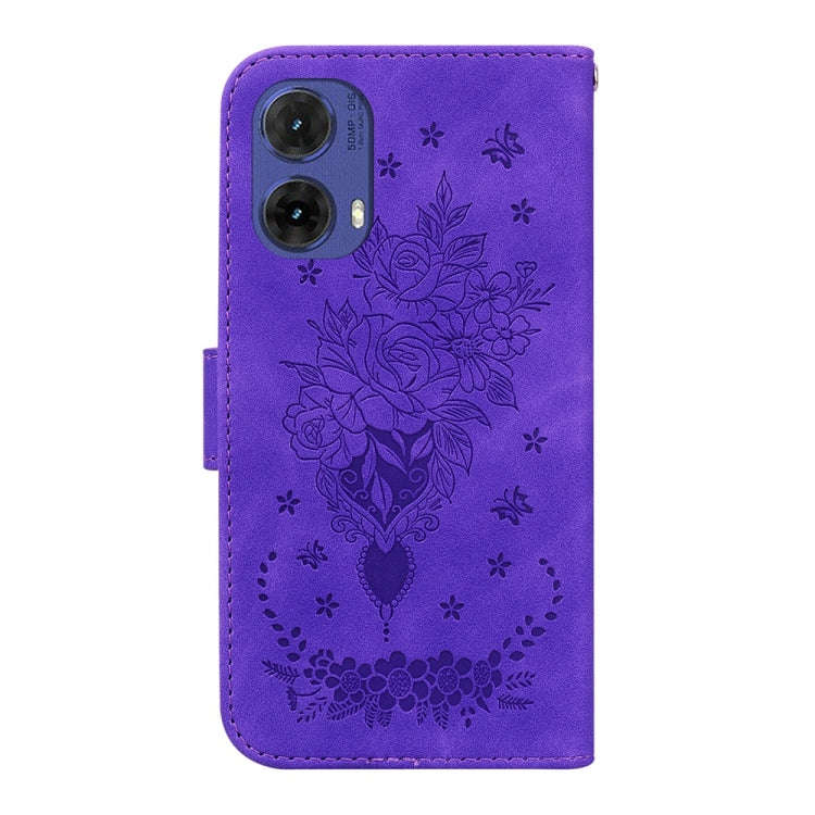For Motorola Moto G85 Butterfly Rose Embossed Leather Phone Case(Purple)