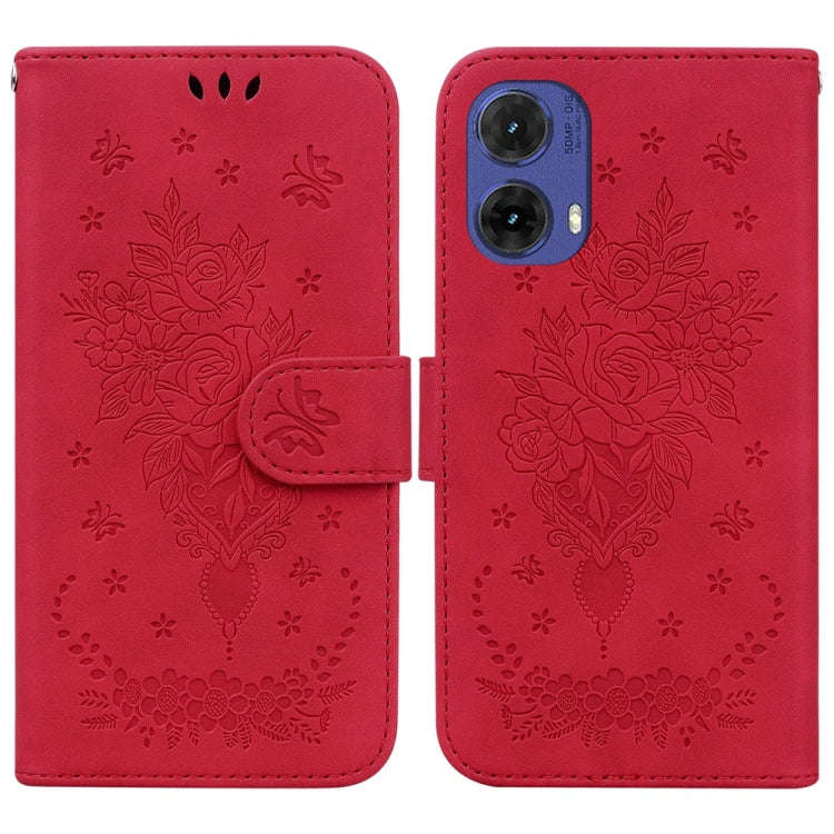 For Motorola Moto G85 Butterfly Rose Embossed Leather Phone Case(Red)