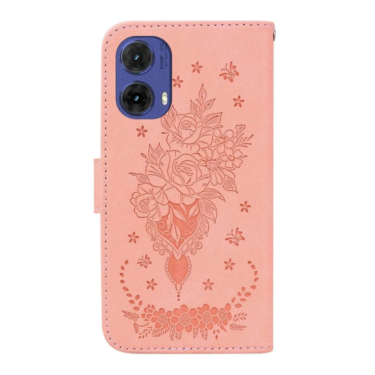 For Motorola Moto G85 Butterfly Rose Embossed Leather Phone Case(Pink)