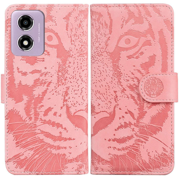 For Motorola Moto G04s / Moto E14 Tiger Embossing Pattern Leather Phone Case(Pink)