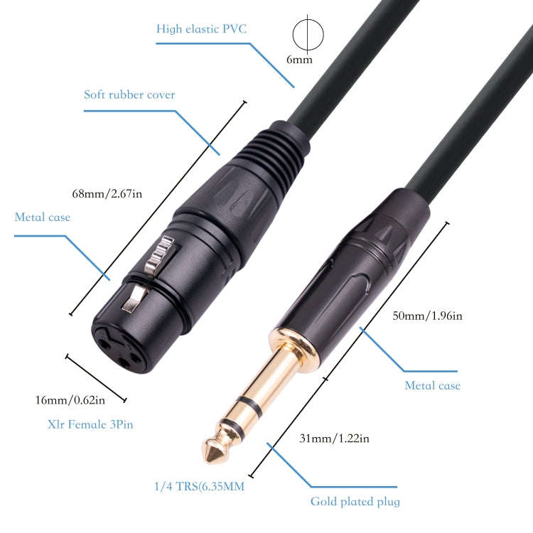 6.35mm 1/4 TRS Male to XLR 3pin Female Microphone Cable, Length:3m