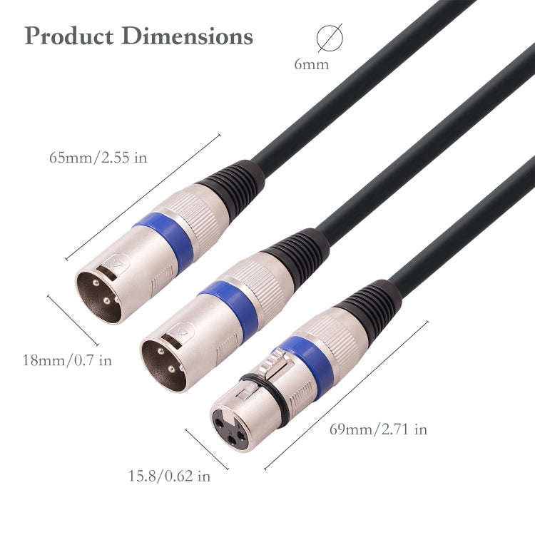 2055YMMF-05 XLR 3pin Female to Dual Male Audio Cable, Length: 50cm(Black+Blue)