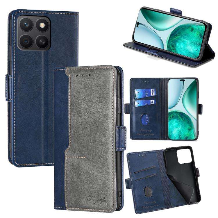 For Honor X8c 4G Contrast Color Side Buckle Leather Phone Case(Blue + Grey)