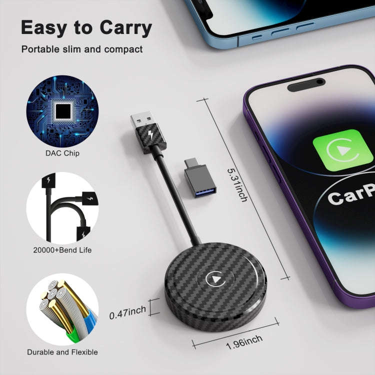 Carbon Fiber USB + USB-C / Type-C Wired to Wireless Carplay Adapter for iPhone(Black)