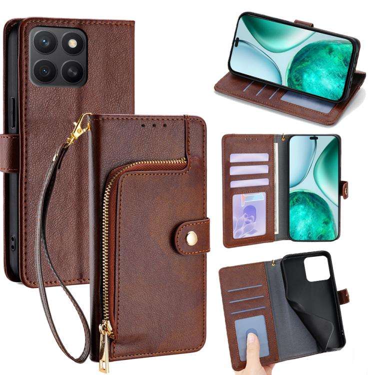 For Honor X8c 4G Zipper Bag Leather Phone Case(Brown)