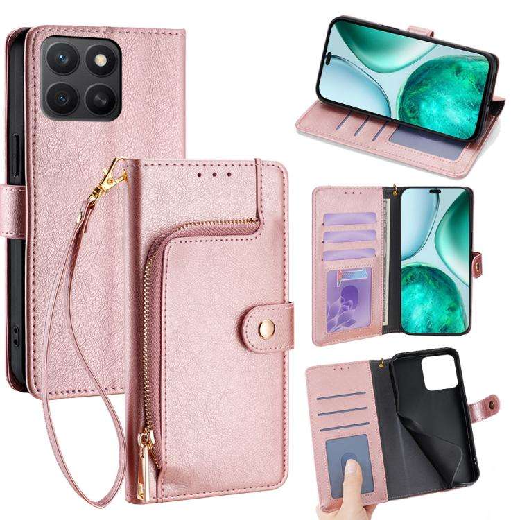 For Honor X8c 4G Zipper Bag Leather Phone Case(Rose Gold)