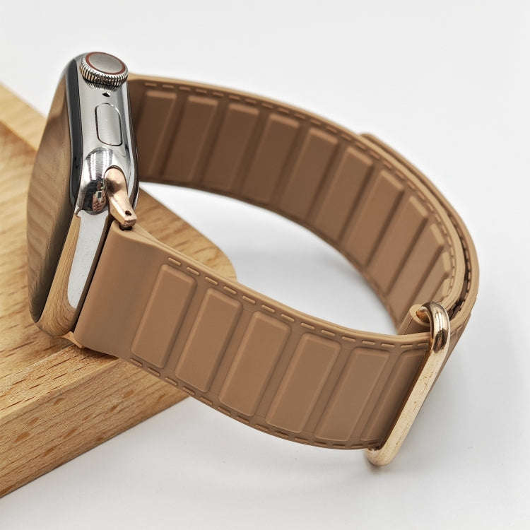 For Apple Watch Ultra 2 49mm Reverse Buckle Magnetic Silicone Watch Band(Rose Buckle Milk Apricot)
