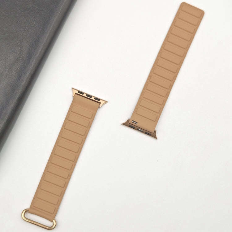 For Apple Watch Series 9 41mm Reverse Buckle Magnetic Silicone Watch Band(Rose Buckle Milk Apricot)