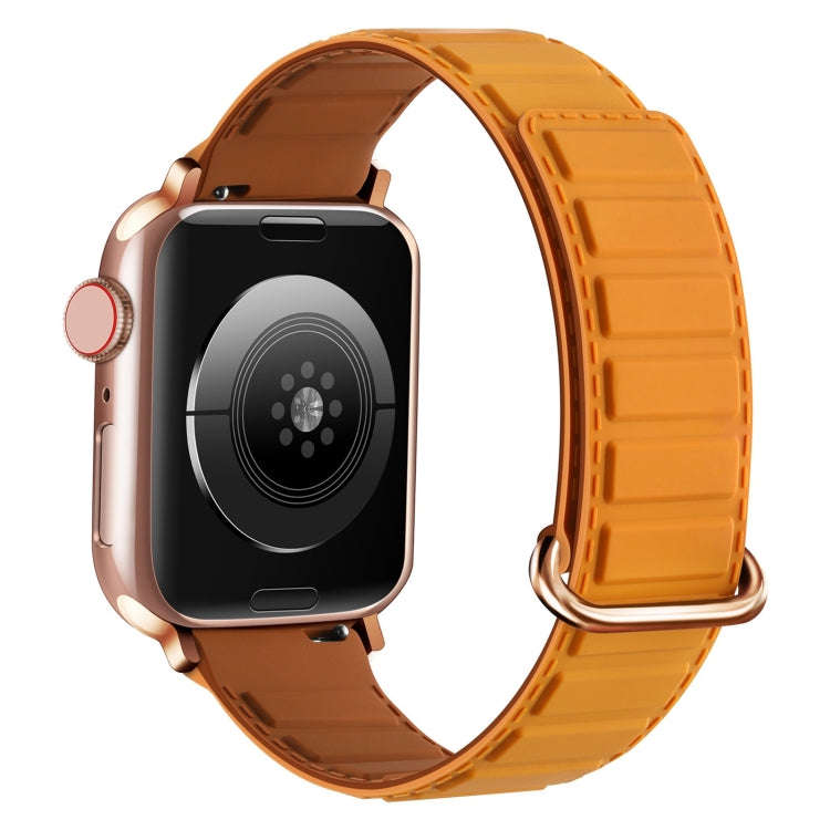 For Apple Watch Series 9 41mm Reverse Buckle Magnetic Silicone Watch Band(Rose Buckle Poppy Brown)