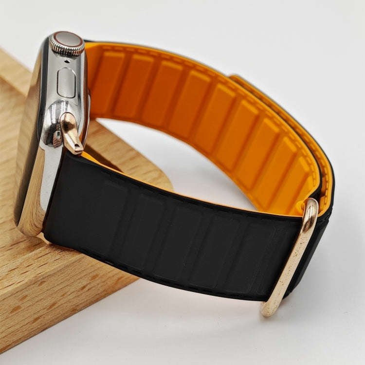 For Apple Watch Series 9 45mm Reverse Buckle Magnetic Silicone Watch Band(Rose Buckle Black Orange)
