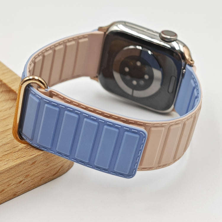 For Apple Watch SE 2023 44mm Reverse Buckle Magnetic Silicone Watch Band(Rose Buckle Blue Pink)