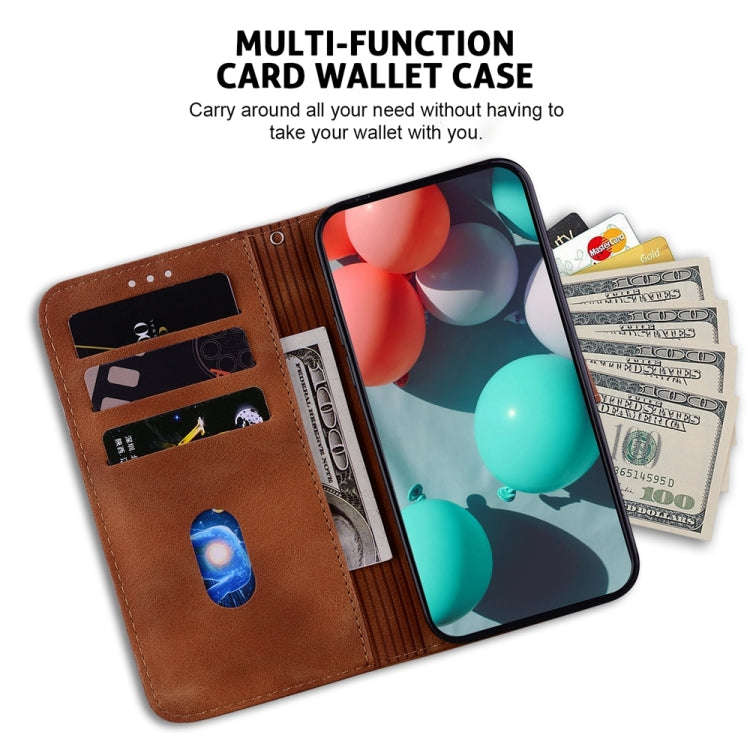 For Motorola Moto G04s / Moto E14 Seven-shaped Embossed Leather Phone Case(Brown)