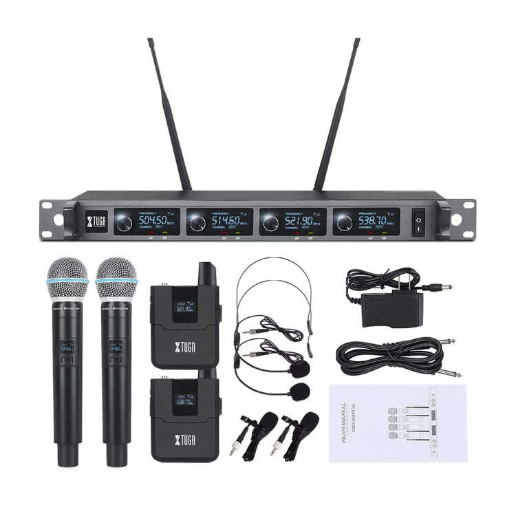 XTUGA A140-HB Wireless Microphone System 4 Channel Handheld Lavalier Headset Microphone(UK Plug)