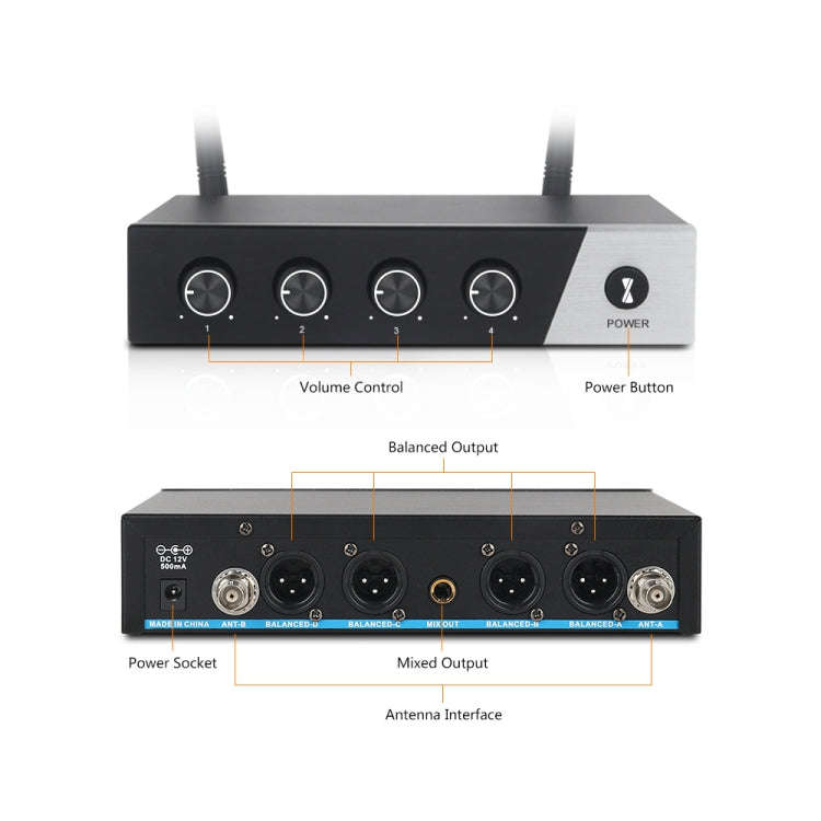 XTUGA S400 Professional 4-Channel UHF Wireless Microphone System with 4 Handheld Microphone(EU Plug)