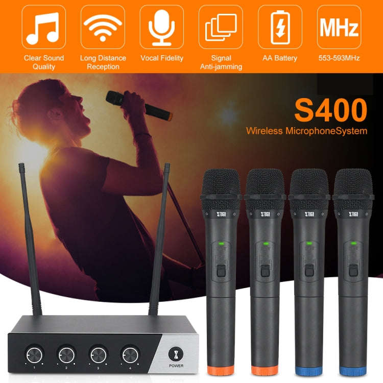 XTUGA S400 Professional 4-Channel UHF Wireless Microphone System with 4 Handheld Microphone(EU Plug)