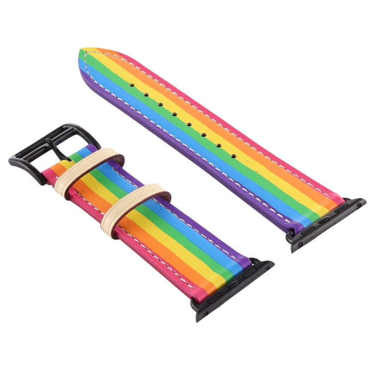 For Apple Watch Series 7 41mm / 6 & SE & 5 & 4 40mm / 3 & 2 & 1 38mm Rainbow Leather Watch Band(B...