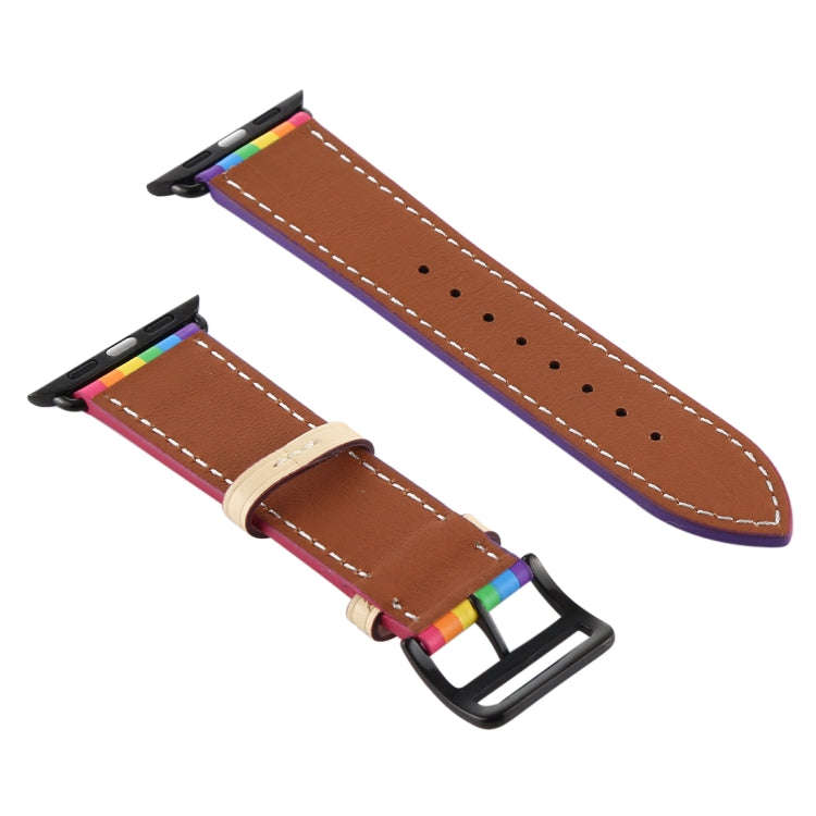 For Apple Watch Series 7 41mm / 6 & SE & 5 & 4 40mm / 3 & 2 & 1 38mm Rainbow Leather Watch Band(B...