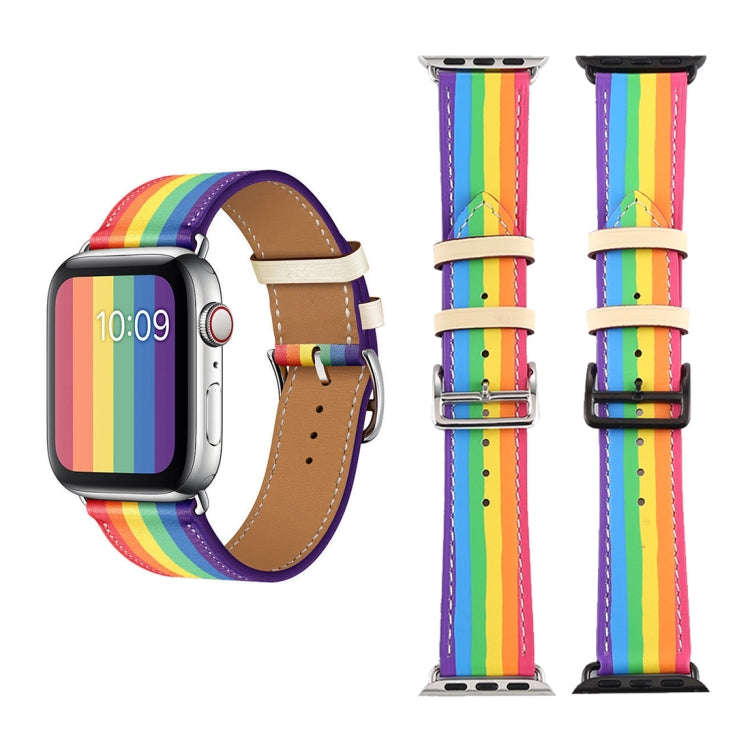 For Apple Watch Series 7 41mm / 6 & SE & 5 & 4 40mm / 3 & 2 & 1 38mm Rainbow Leather Watch Band(B...