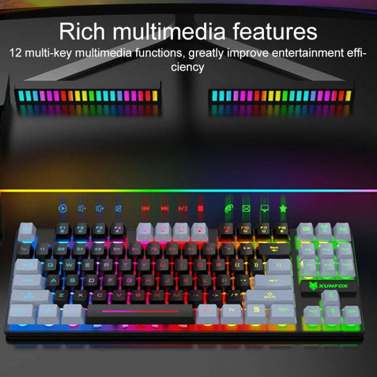 XUNFOX K10 87-Keys Rainbow Blacklit USB Wired Gaming Keyboard, Cable Length: 1.5m(Grey Black)
