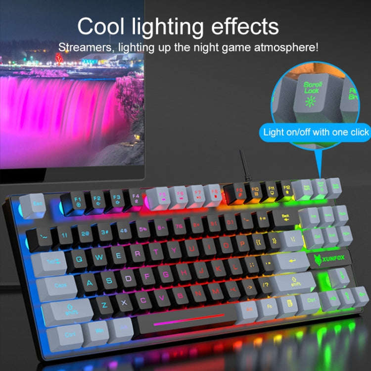 XUNFOX K10 87-Keys Rainbow Blacklit USB Wired Gaming Keyboard, Cable Length: 1.5m(Grey Black)
