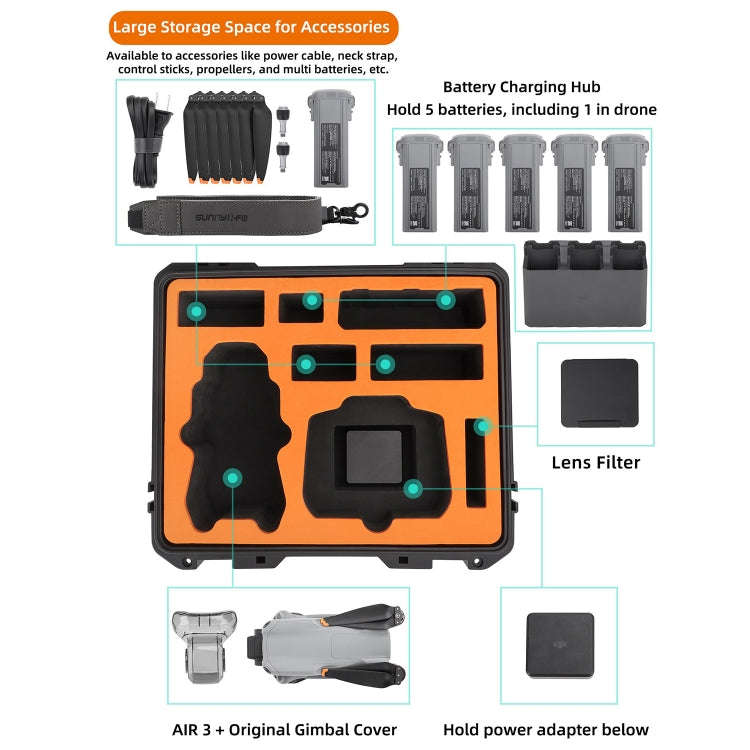 For DJI Air 3 Sunnylife Safety Carrying Case Large Capacity Waterproof Shock-proof Hard Travel Ca...