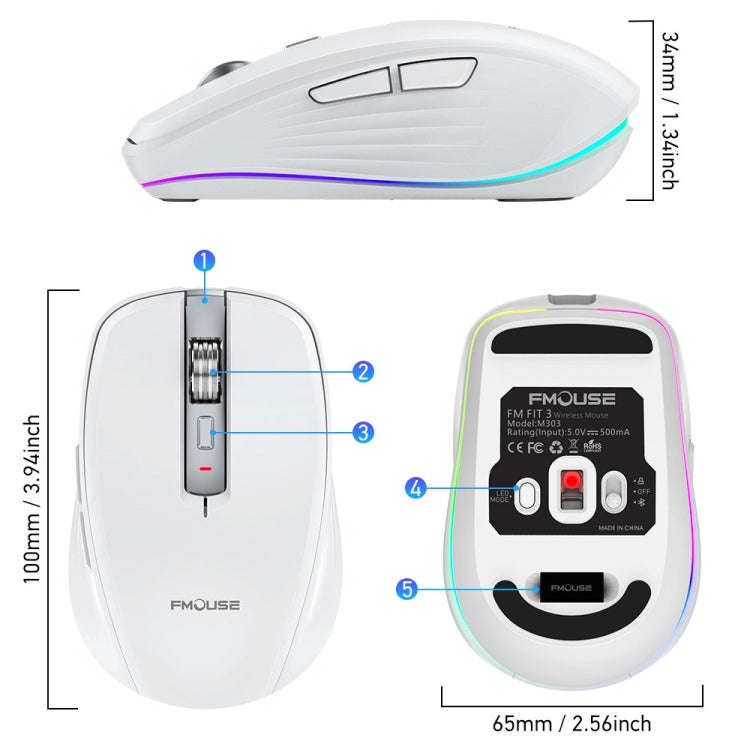 HXSJ M303 2400DPI Dual Mode 2.4GHz + Bluetooth 5.1 Wireless Mouse(White)