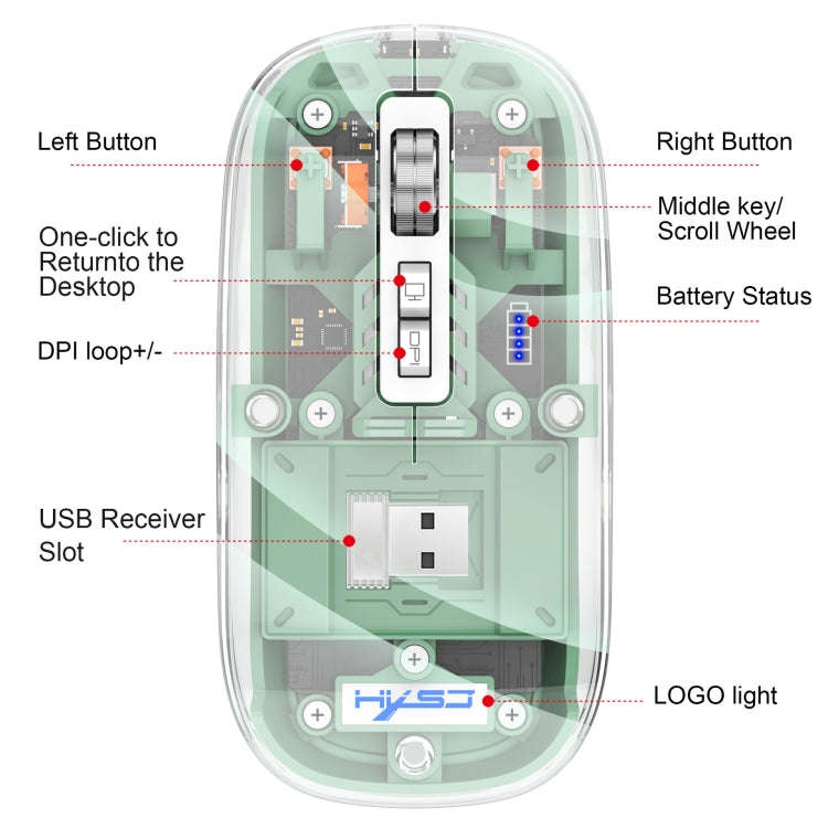 HXSJ T900 Transparent Magnet Three-mode Wireless Gaming Mouse(Bean Green)
