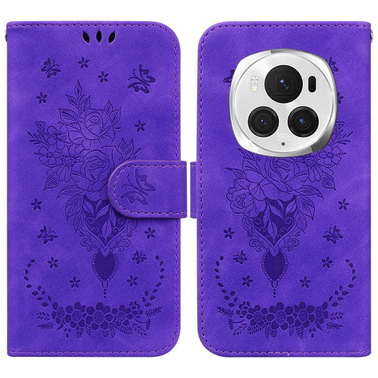 For Honor Magic6 Pro Butterfly Rose Embossed Leather Phone Case(Purple)