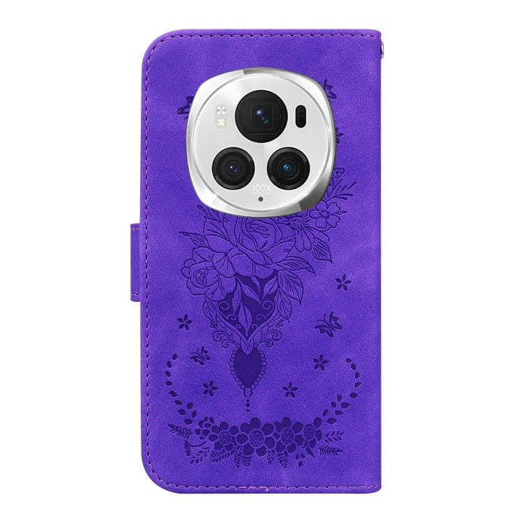 For Honor Magic6 Pro Butterfly Rose Embossed Leather Phone Case(Purple)