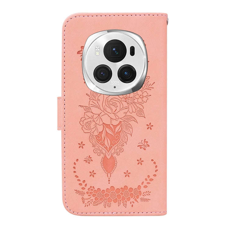 For Honor Magic6 Pro Butterfly Rose Embossed Leather Phone Case(Pink)
