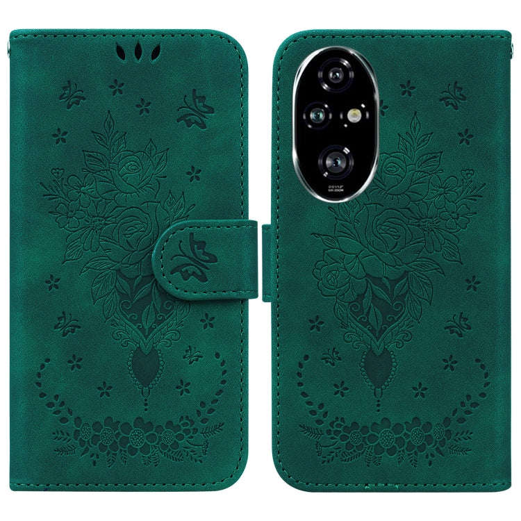 For Honor 200 Pro Butterfly Rose Embossed Leather Phone Case(Green)