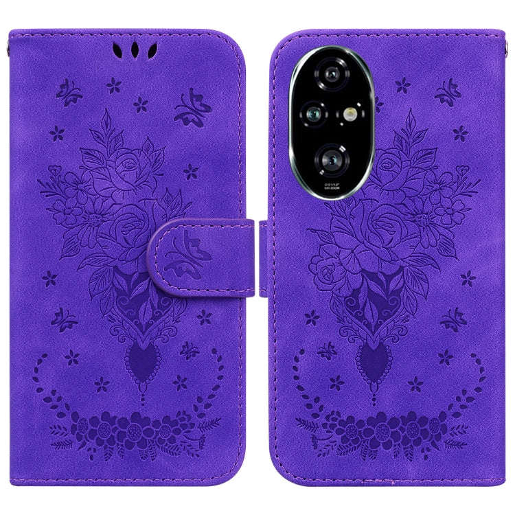 For Honor 200 Pro Butterfly Rose Embossed Leather Phone Case(Purple)