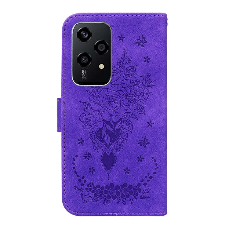 For Honor 200 Lite Global Butterfly Rose Embossed Leather Phone Case(Purple)