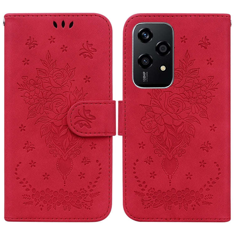 For Honor 200 Lite Global Butterfly Rose Embossed Leather Phone Case(Red)