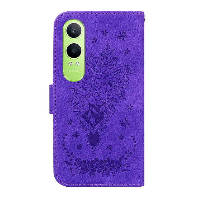 For OnePlus Nord CE4 Lite Butterfly Rose Embossed Leather Phone Case(Purple)