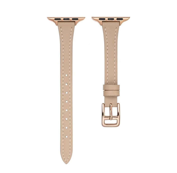 For Apple Watch Series 6 44mm T-shaped Slim Genuine Leather Watch Band(Apricot)