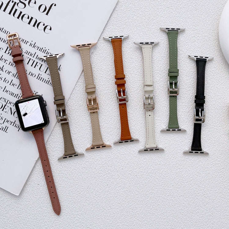 For Apple Watch Series 3 38mm T-shaped Slim Genuine Leather Watch Band(Dark Brown)