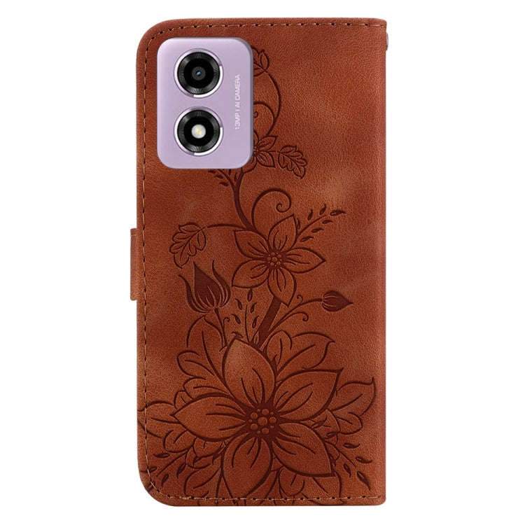 For Motorola Moto G04s / Moto E14 Lily Embossed Leather Phone Case(Brown)
