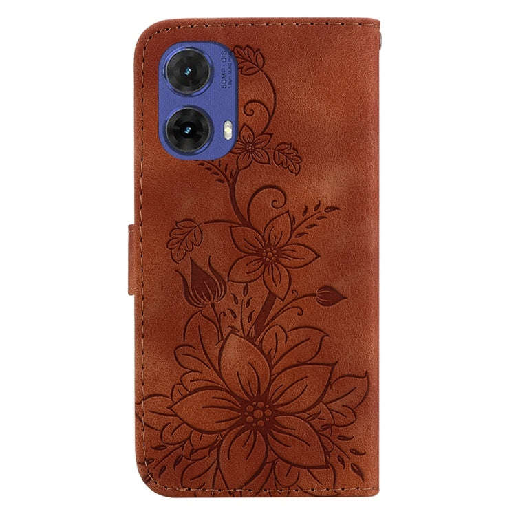 For Motorola Moto G85 Lily Embossed Leather Phone Case(Brown)