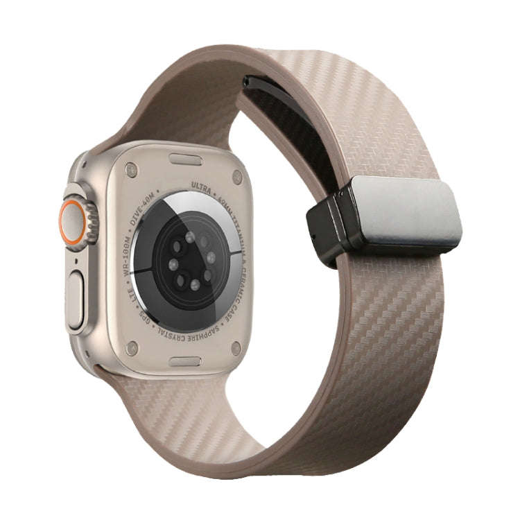For Apple Watch SE 2022 44mm Carbon Fiber Pattern Magnetic Buckle Silicone Watch Band(Apricot Color)