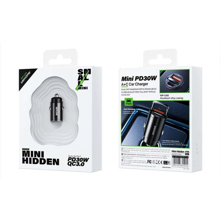 WK WP-C48 Mini Invisible Pull Ring 30W USB + USB-C / Type-C Car Charger(Black)