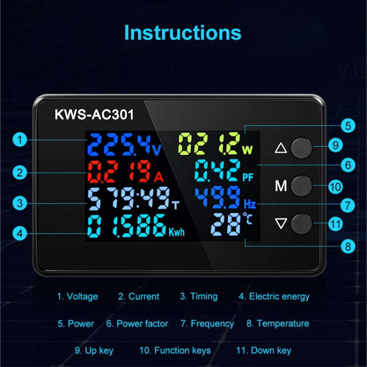 KWS-AC301L-20A 50-300V AC Digital Current Voltmeter with 485 Communication(Black)