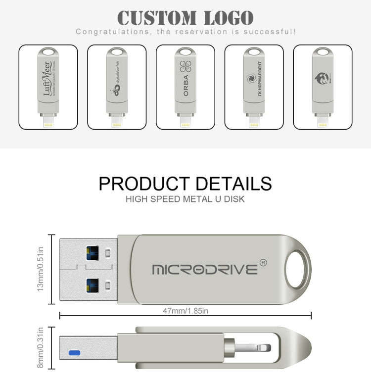 MicroDrive 2 In 1  8 Pin + USB 2.0 Portable Metal USB Flash Disk, Capacity:64GB(Silver)