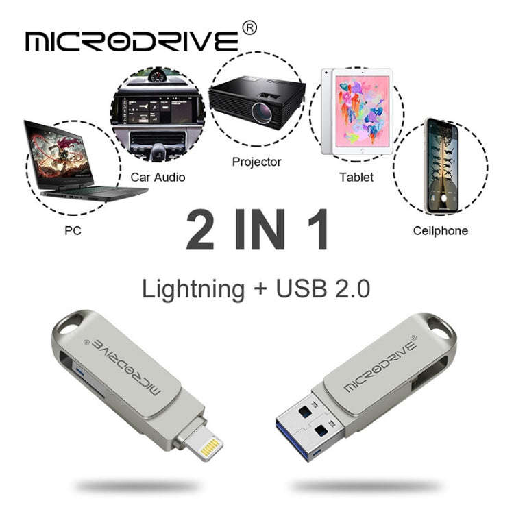 MicroDrive 2 In 1  8 Pin + USB 2.0 Portable Metal USB Flash Disk, Capacity:64GB(Silver)