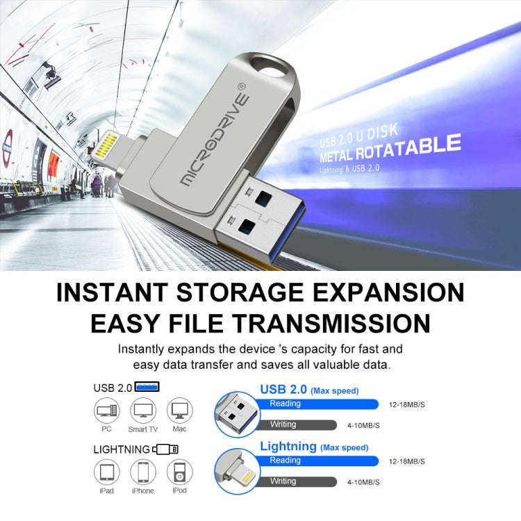 MicroDrive 2 In 1  8 Pin + USB 2.0 Portable Metal USB Flash Disk, Capacity:64GB(Silver)