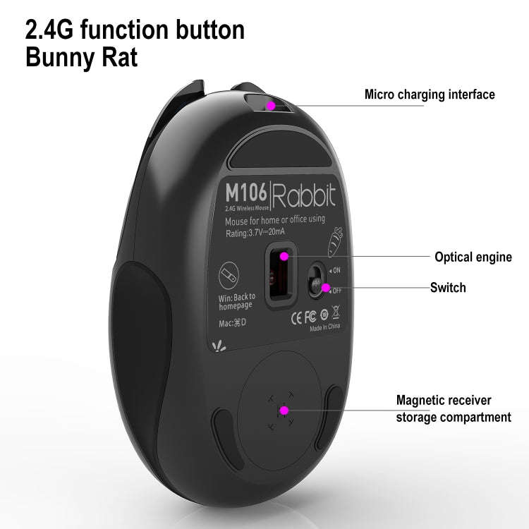 HXSJ M106 2.4GHZ 1600dpi Single-mode Wireless Mouse USB Rechargeable(Black)