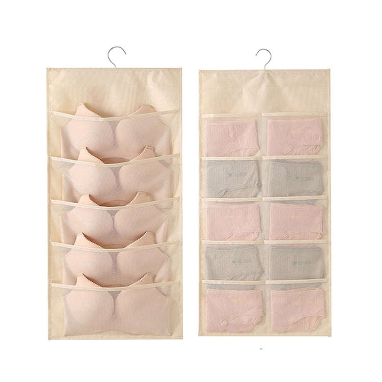 5+10 Grids Underwear Storage Bag Non-woven Double-sided Hanging Storage Bag(Beige)